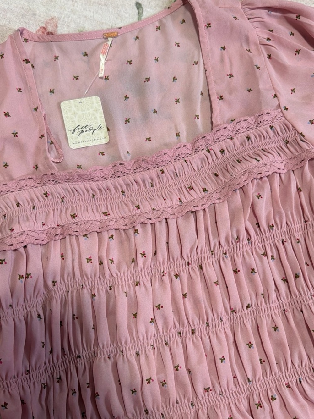 Free People Dusty Pink Smocked Puff Sleeve Tie-Waist Blouse - Picture 3 of 5